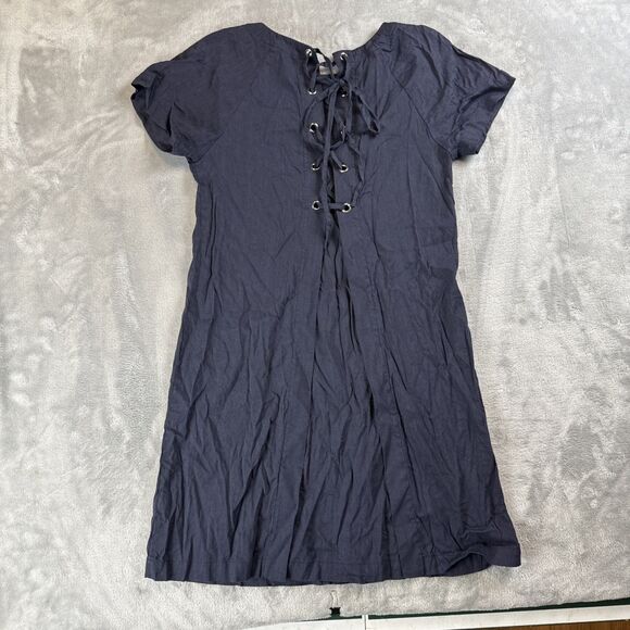 Theory Women’s Sz 4 Navy Blue Linen Blend Lace Back Raglan Shift Dress - Picture 5 of 5